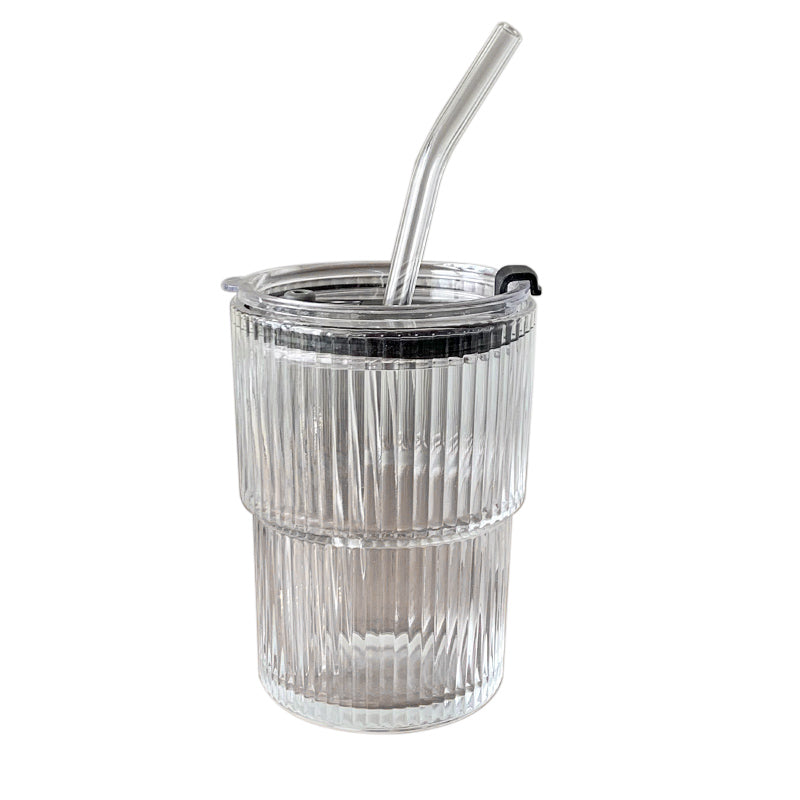 Wind Stripe Coffee Mug with Straw with Lid Glass Handy Mug