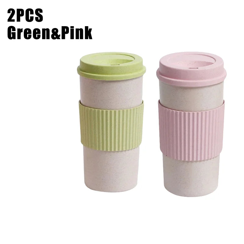 450ML Coffee Cups with Lids Wheat Straw Reusable Portable Coffee Cup Dishwasher Safe Coffee Mug Coffee Tea Travel Cups
