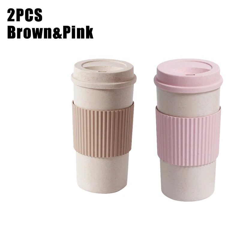 450ML Coffee Cups with Lids Wheat Straw Reusable Portable Coffee Cup Dishwasher Safe Coffee Mug Coffee Tea Travel Cups