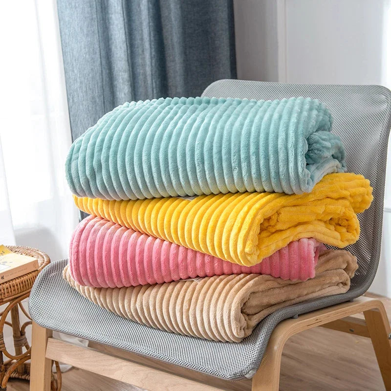 Winter Flannel Blankets Solid Striped Coral Fleece Blankets Faux Fur Mink Throw Soft Warm Bedspread Coverlet Plaid Blankets