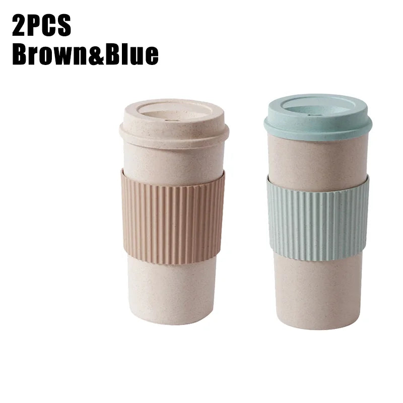 450ML Coffee Cups with Lids Wheat Straw Reusable Portable Coffee Cup Dishwasher Safe Coffee Mug Coffee Tea Travel Cups