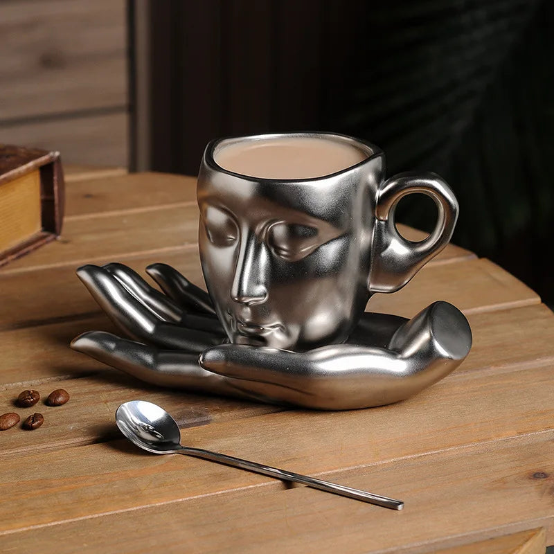 260ML Retro Coffee Cups Creative Ceramic Cups and Saucers Abstract Art Latte Mugs Home Art Decorative Tea Cups Ceramic Cups