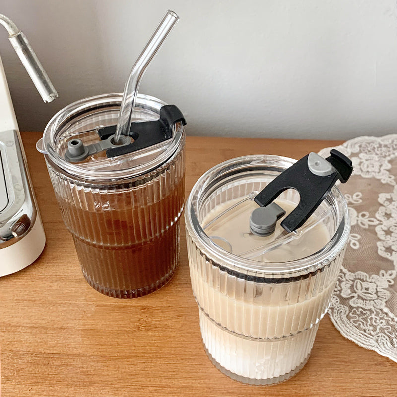 Wind Stripe Coffee Mug with Straw with Lid Glass Handy Mug
