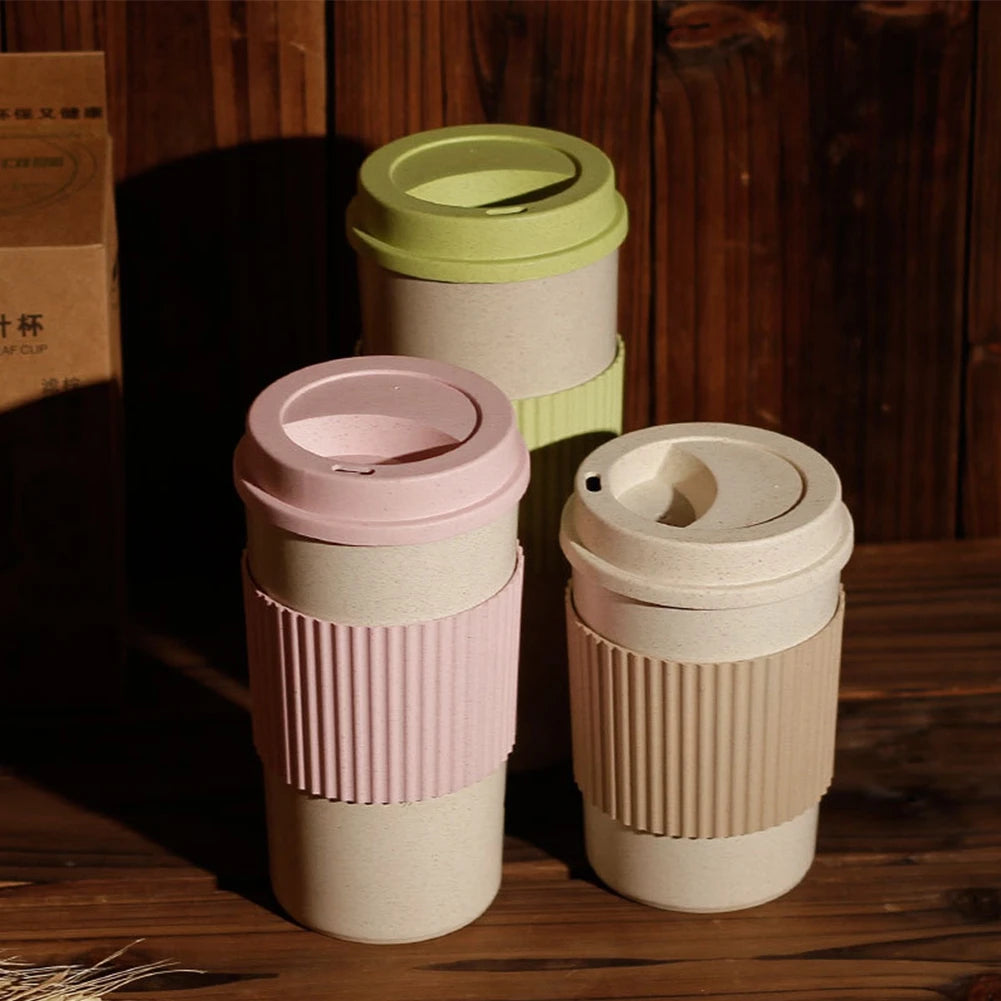 450ML Coffee Cups with Lids Wheat Straw Reusable Portable Coffee Cup Dishwasher Safe Coffee Mug Coffee Tea Travel Cups