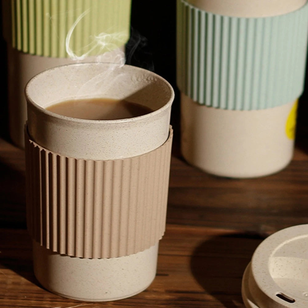 450ML Coffee Cups with Lids Wheat Straw Reusable Portable Coffee Cup Dishwasher Safe Coffee Mug Coffee Tea Travel Cups